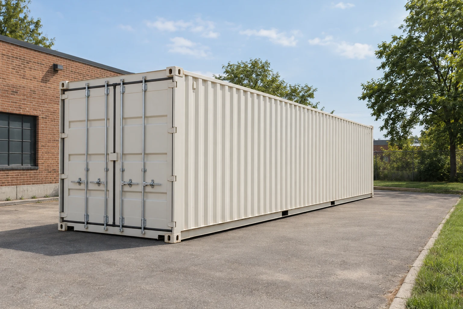 Photorealistic illustration of one clean 40ft shipping container on a prepared commercial pad in a fictional setting inspired by Providence, Rhode Island.