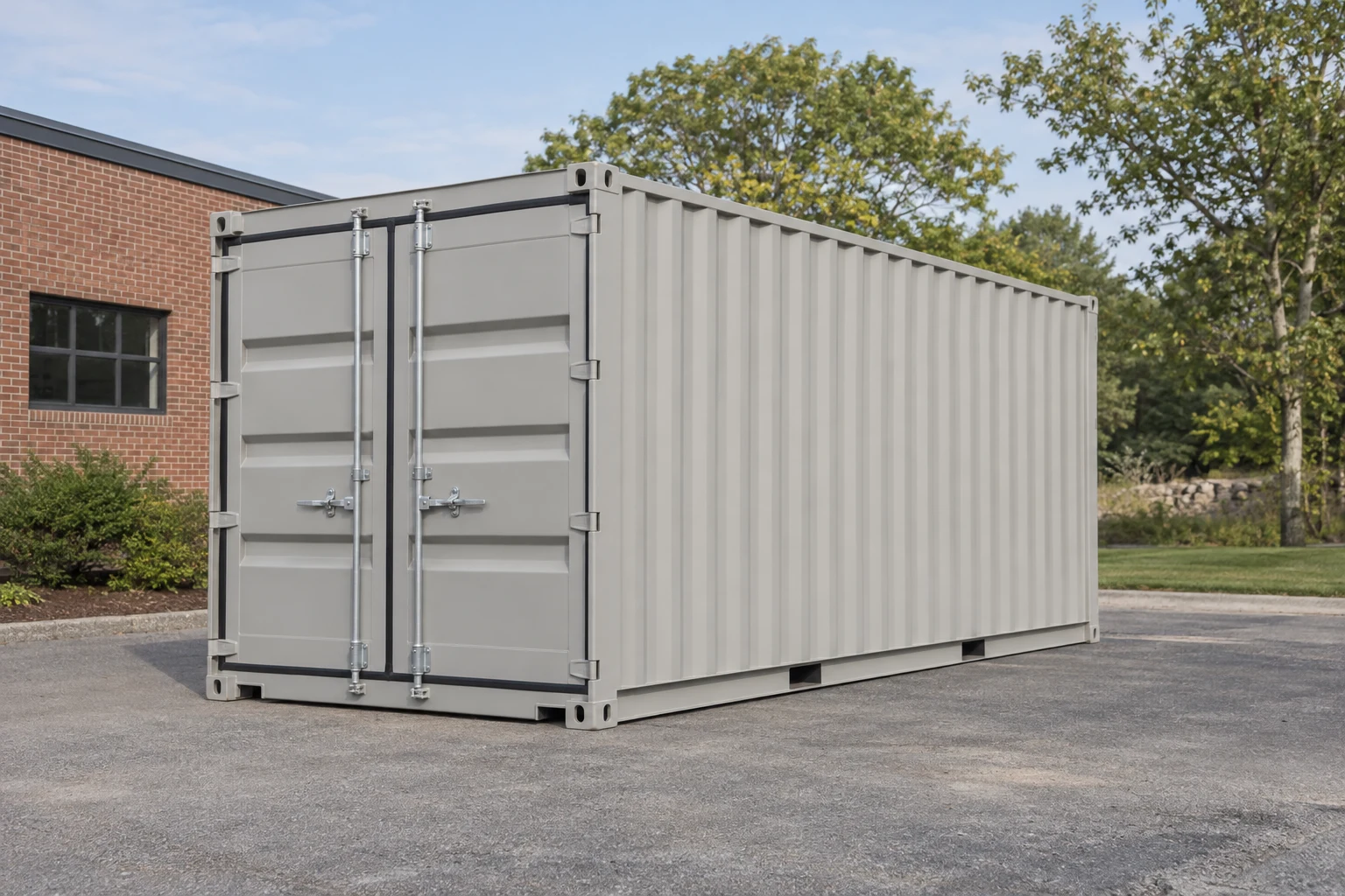 Photorealistic illustration of one clean 20ft shipping container on a prepared commercial pad in a fictional setting inspired by Rhode Island.