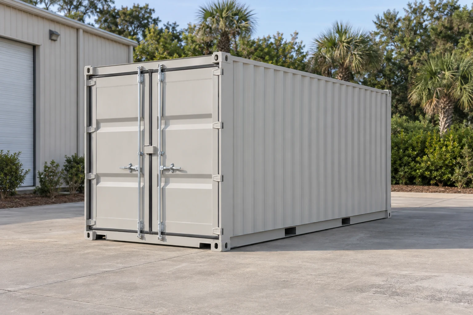 Photorealistic illustration of one clean 20ft shipping container on a prepared commercial pad in a fictional setting inspired by Charleston, South Carolina.