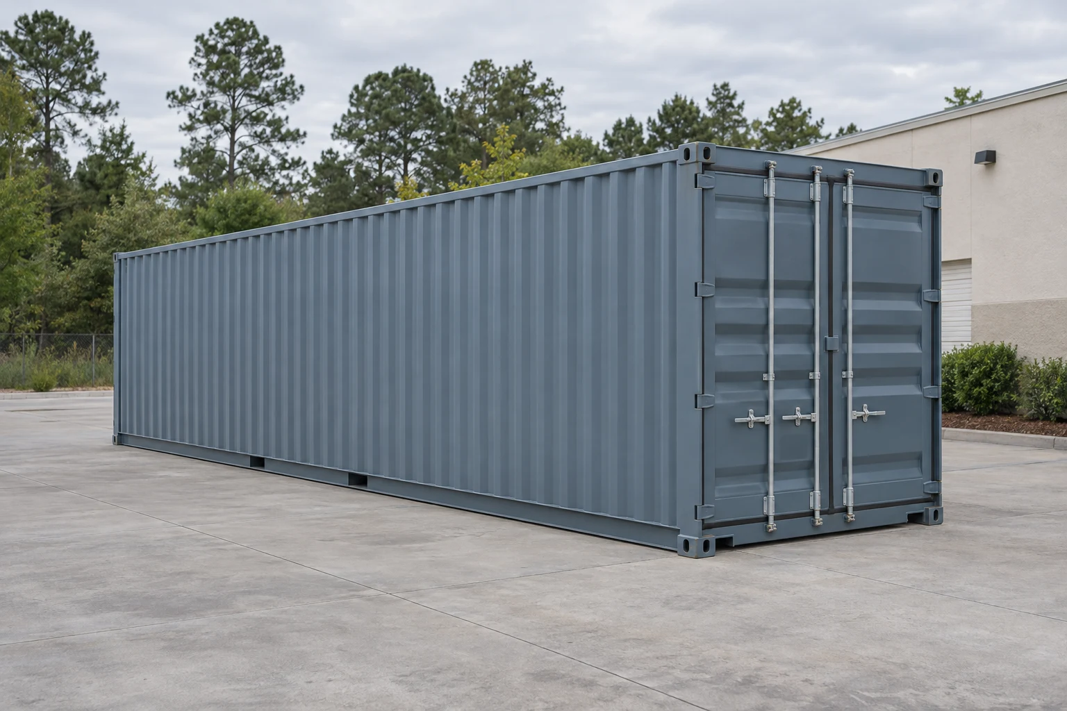 Photorealistic illustration of one clean 40ft shipping container on a prepared commercial pad in a fictional setting inspired by Columbia, South Carolina.