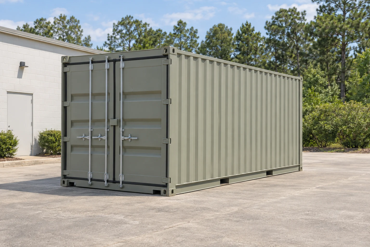 Photorealistic illustration of one clean 20ft shipping container on a prepared commercial pad in a fictional setting inspired by South Carolina.