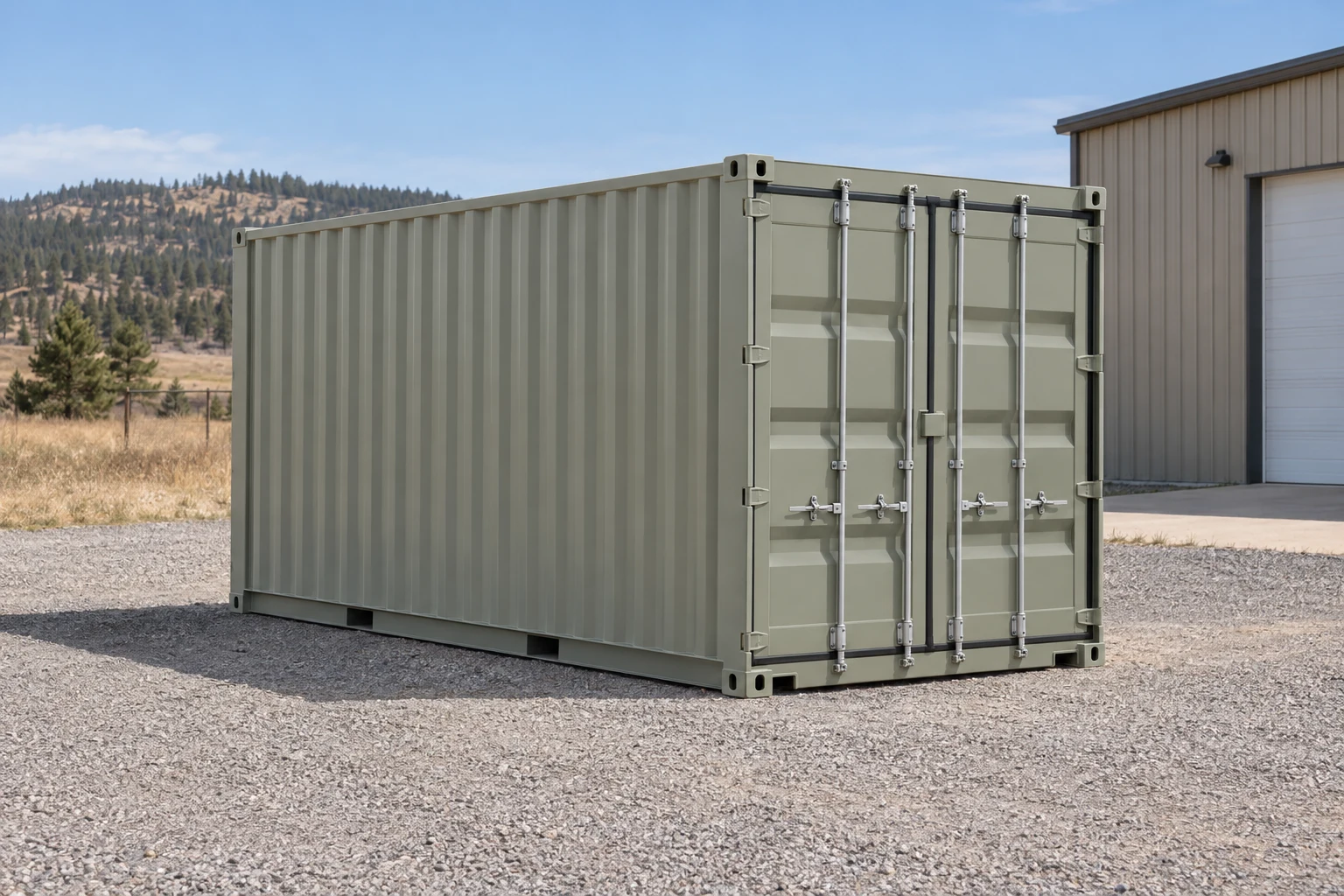 Photorealistic illustration of one clean 20ft shipping container on a prepared commercial pad in a fictional setting inspired by Rapid City, South Dakota.