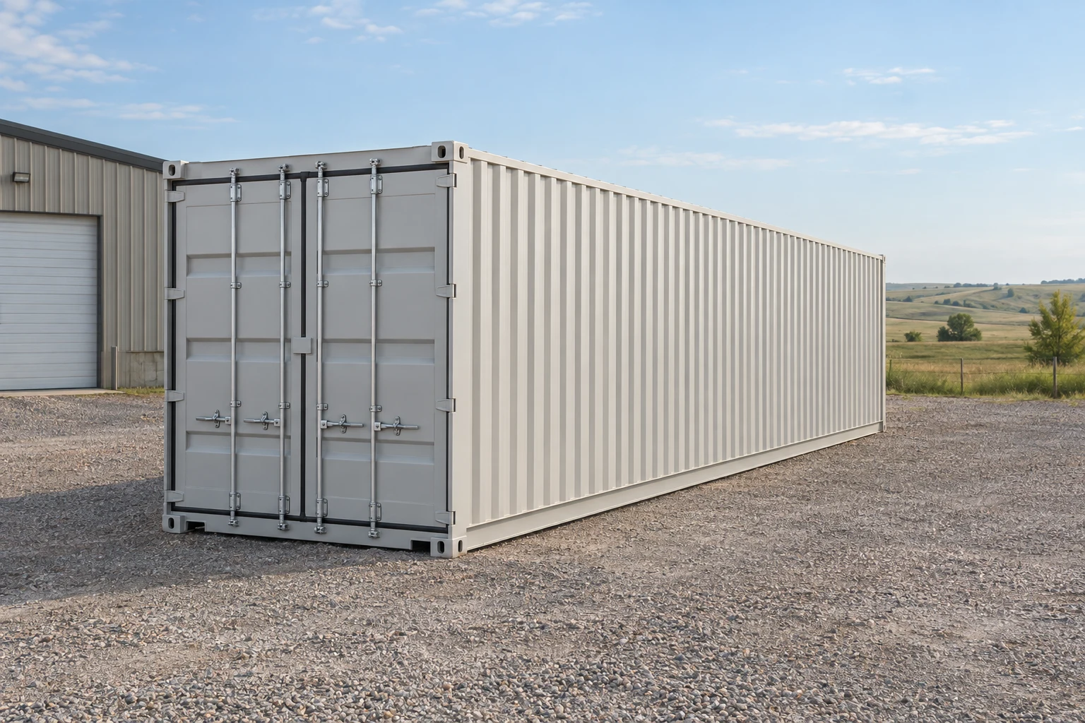 Photorealistic illustration of one clean 40ft shipping container on a prepared commercial pad in a fictional setting inspired by Sioux Falls, South Dakota.