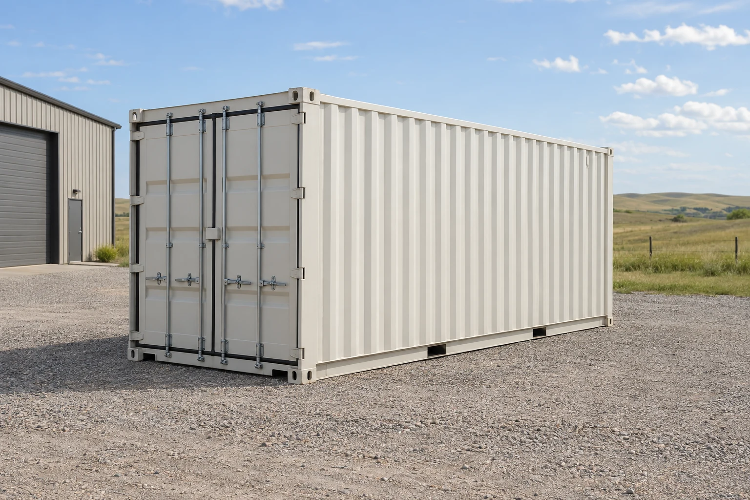 Photorealistic illustration of one clean 20ft shipping container on a prepared commercial pad in a fictional setting inspired by South Dakota.