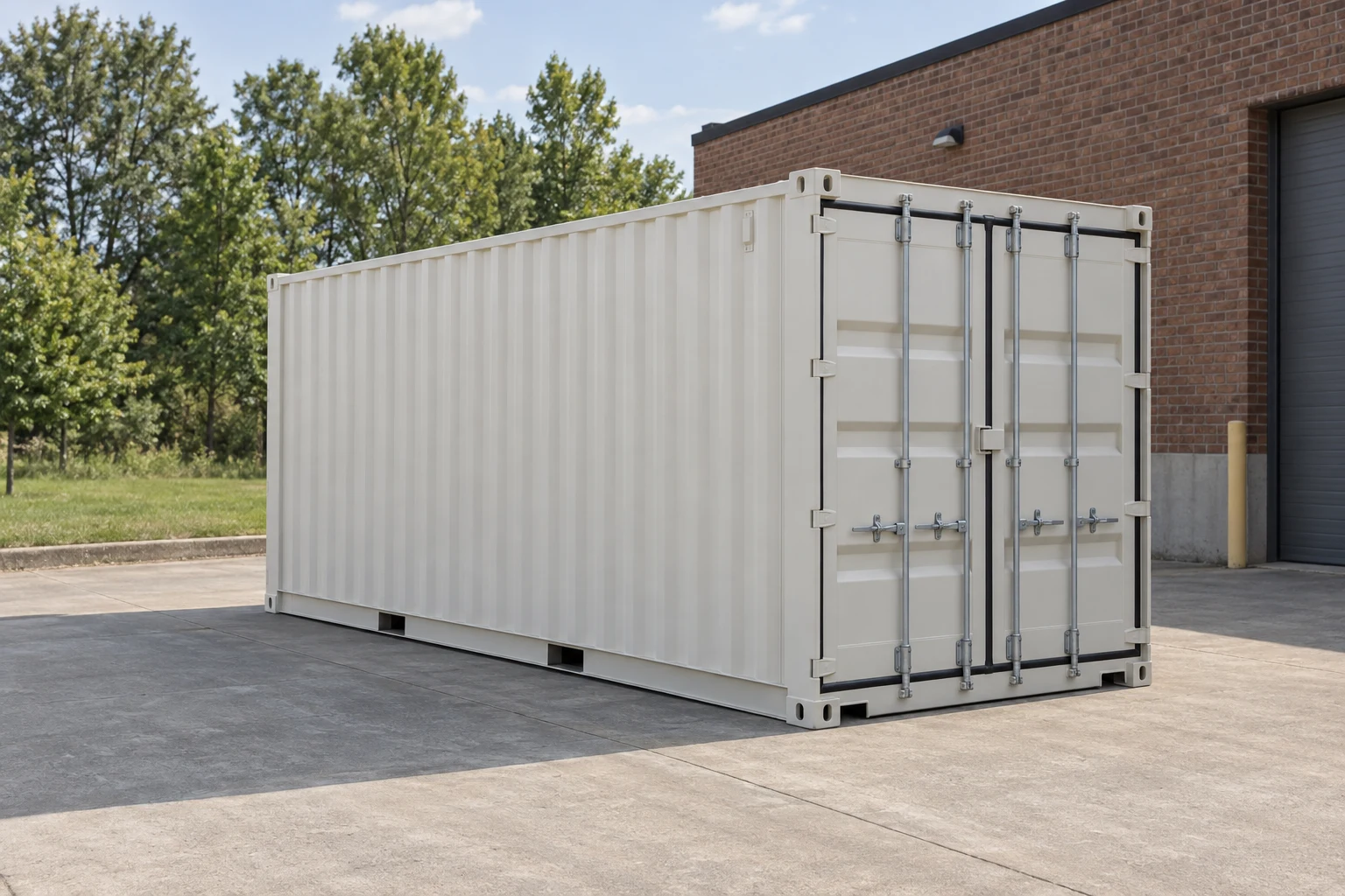 Photorealistic illustration of one clean 20ft shipping container on a prepared commercial pad in a fictional setting inspired by Memphis, Tennessee.