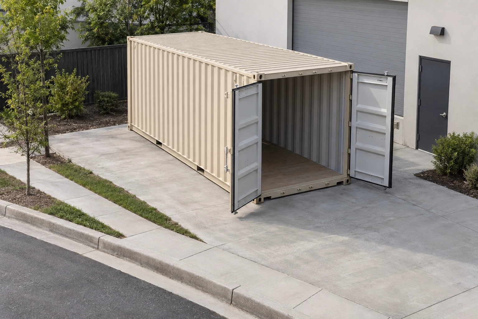 Container on a private pad beside a street and sidewalk.