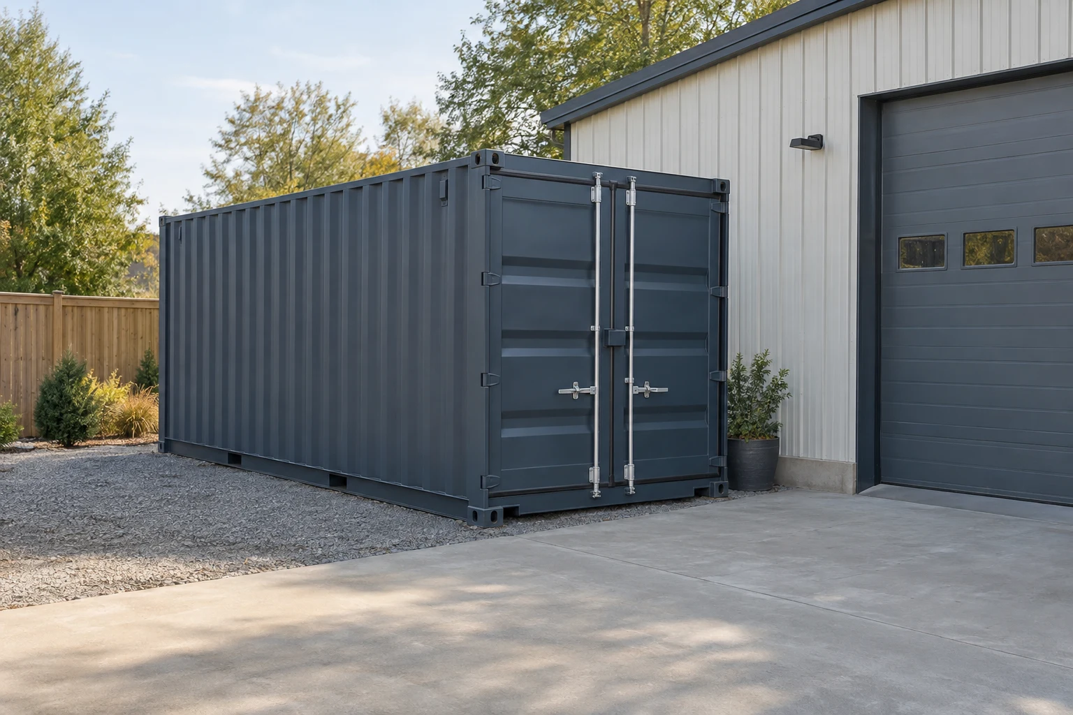 Steel storage container beside a utility building with a clear vehicle approach.