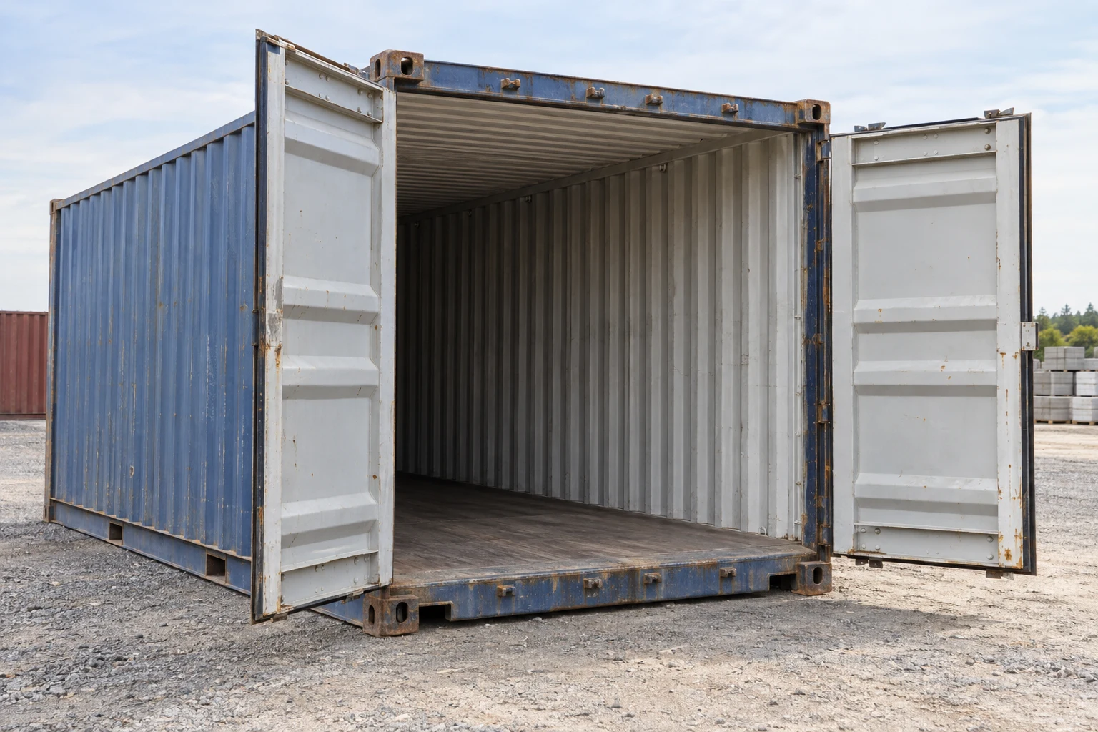 Illustration of a used container with open doors in an open service yard.