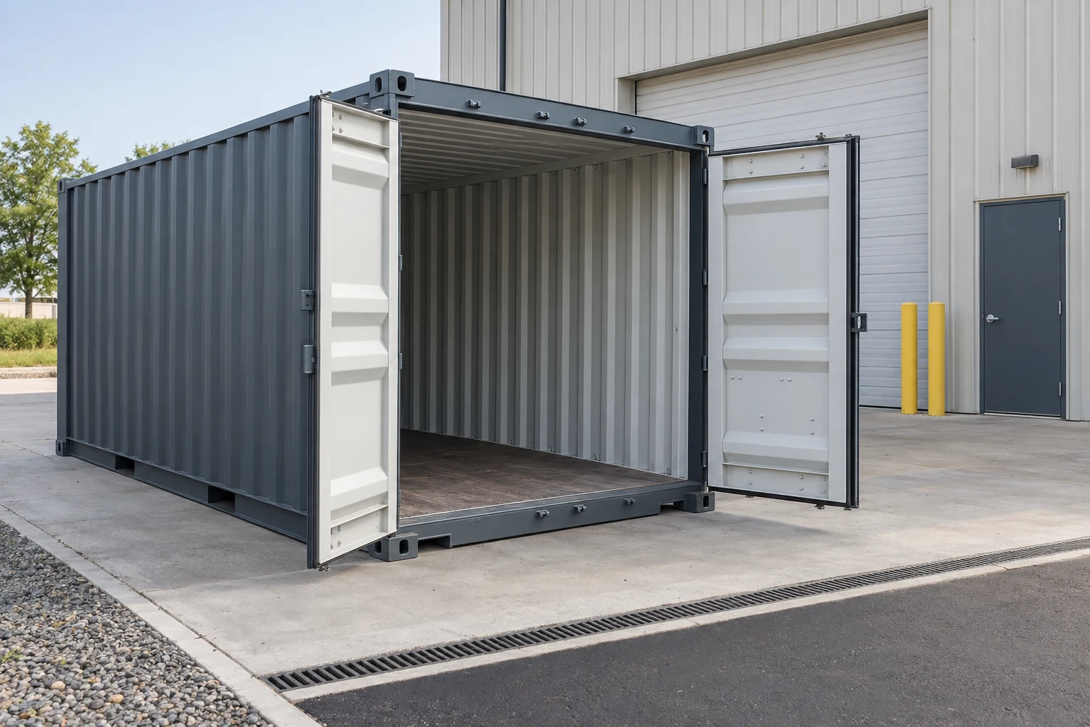 Steel container beside an industrial building with the prepared ground visible.