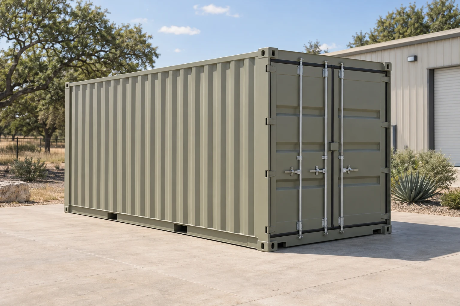 Photorealistic illustration of one clean 20ft shipping container on a prepared commercial pad in a fictional setting inspired by San Antonio, Texas.
