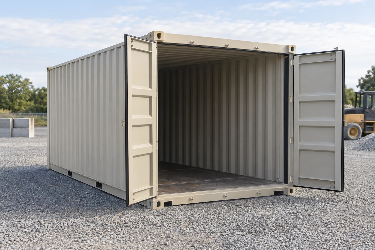 Steel container in a business yard with a broad gravel approach.