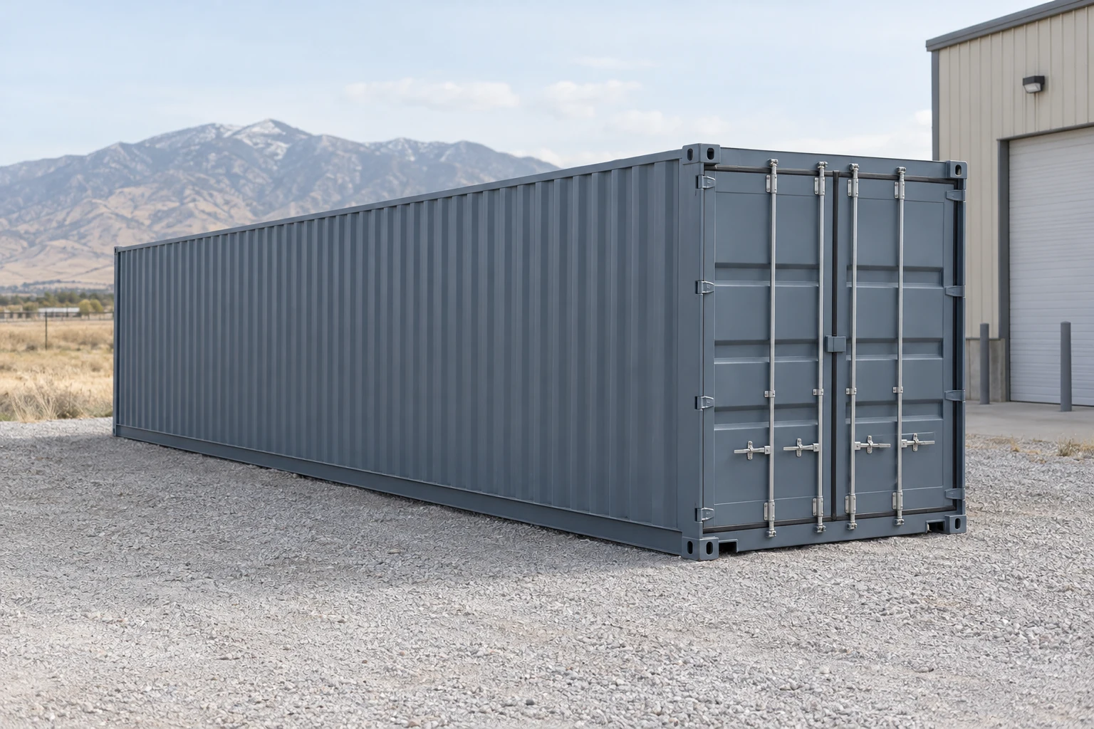 Photorealistic illustration of one clean 40ft shipping container on a prepared commercial pad in a fictional setting inspired by Salt Lake City, Utah.