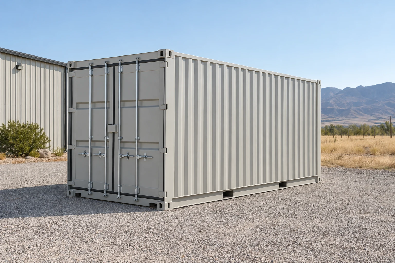 Photorealistic illustration of one clean 20ft shipping container on a prepared commercial pad in a fictional setting inspired by Utah.