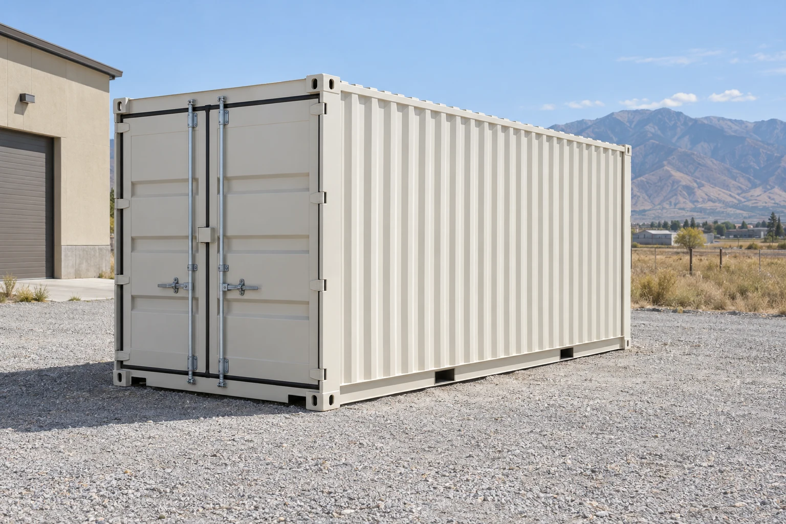 Photorealistic illustration of one clean 20ft shipping container on a prepared commercial pad in a fictional setting inspired by West Valley City, Utah.