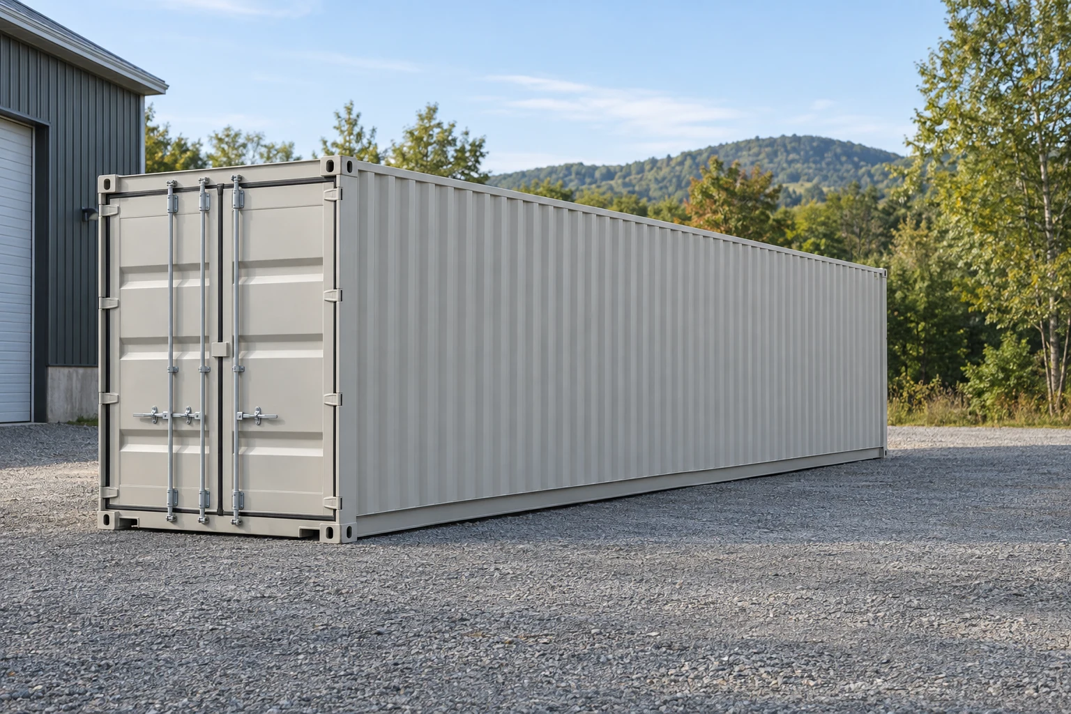 Photorealistic illustration of one clean 40ft shipping container on a prepared commercial pad in a fictional setting inspired by Burlington, Vermont.