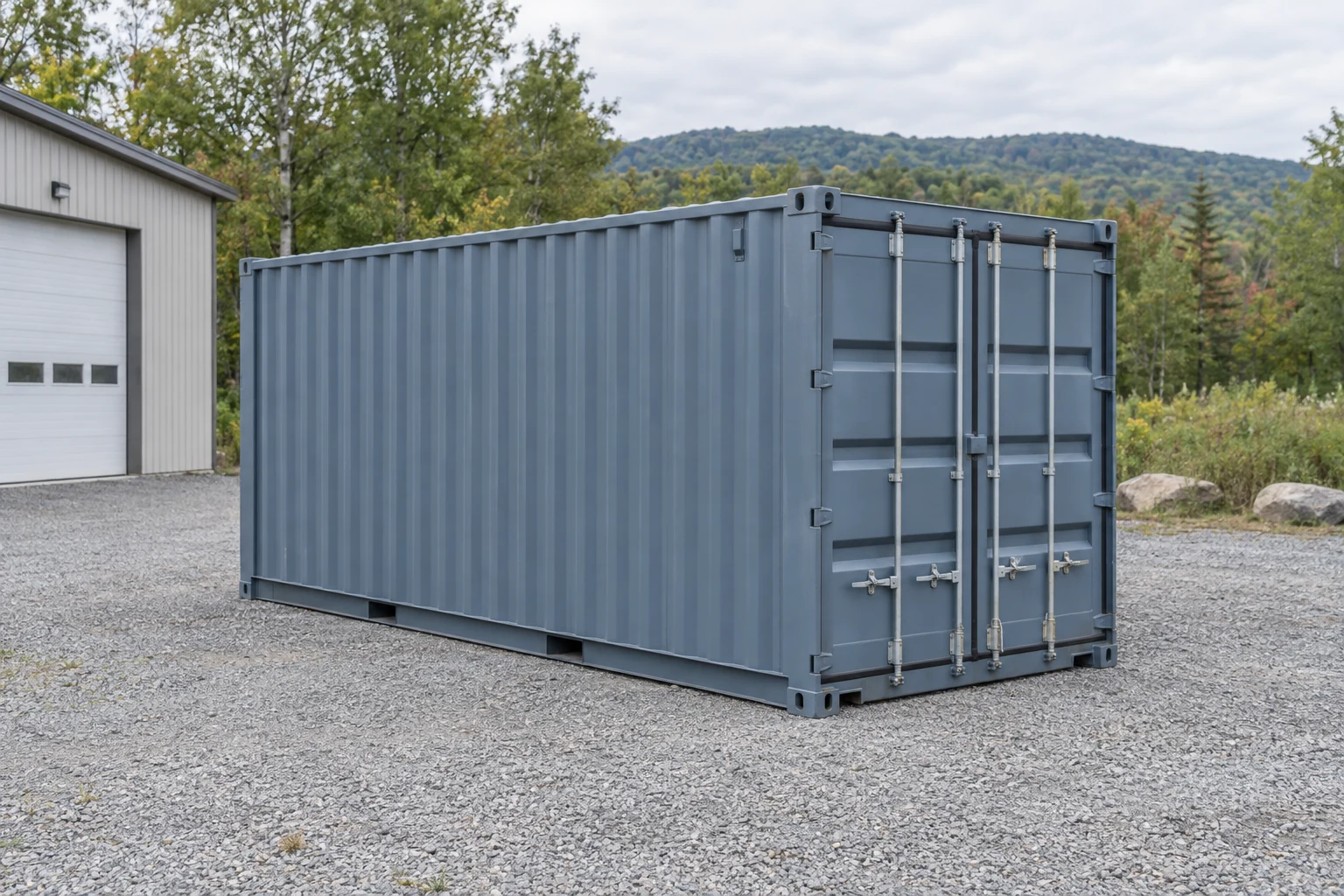 Photorealistic illustration of one clean 20ft shipping container on a prepared commercial pad in a fictional setting inspired by South Burlington, Vermont.
