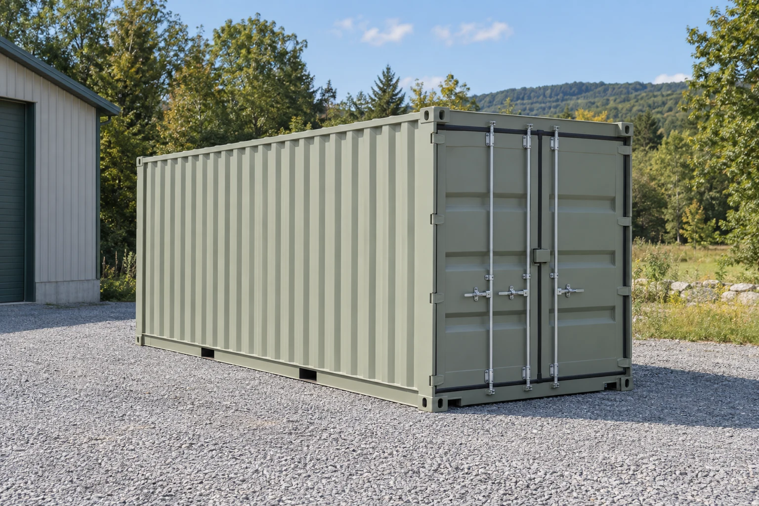 Photorealistic illustration of one clean 20ft shipping container on a prepared commercial pad in a fictional setting inspired by Vermont.