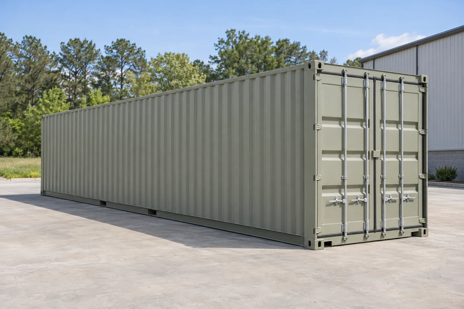 Photorealistic illustration of one clean 40ft shipping container on a prepared commercial pad in a fictional setting inspired by Chesapeake, Virginia.