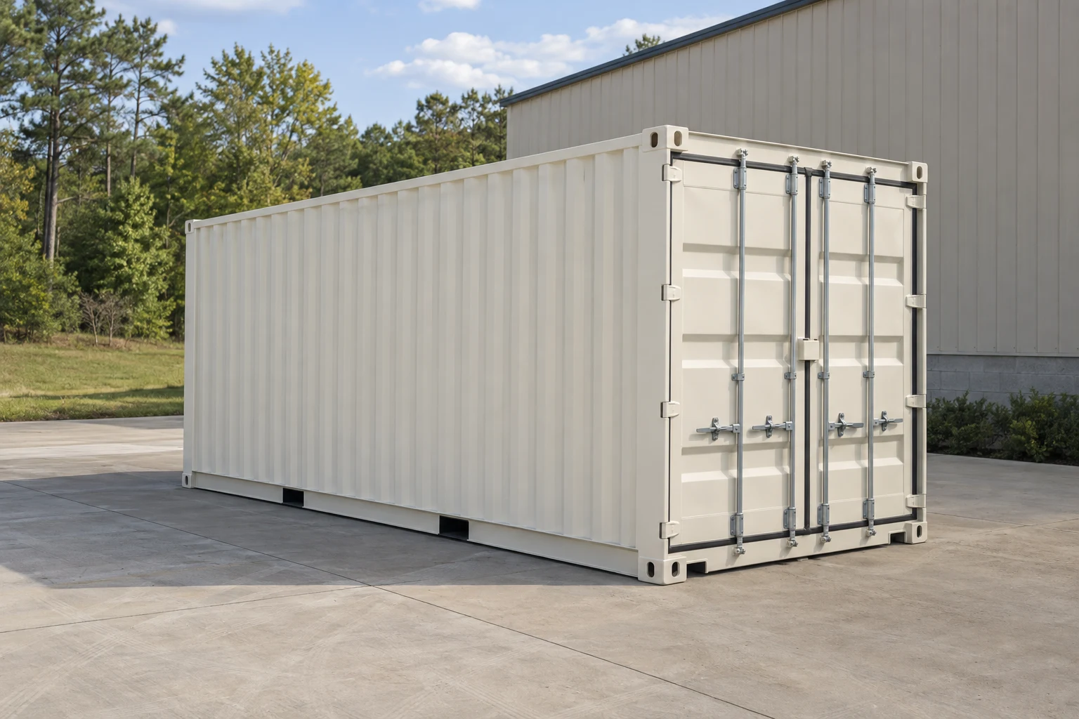 Photorealistic illustration of one clean 20ft shipping container on a prepared commercial pad in a fictional setting inspired by Virginia.