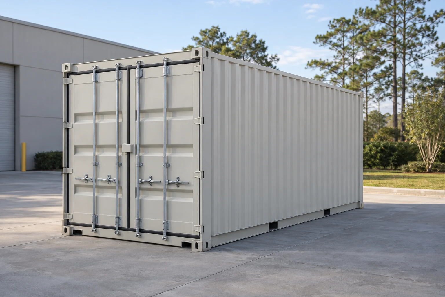 Photorealistic illustration of one clean 20ft shipping container on a prepared commercial pad in a fictional setting inspired by Virginia Beach, Virginia.