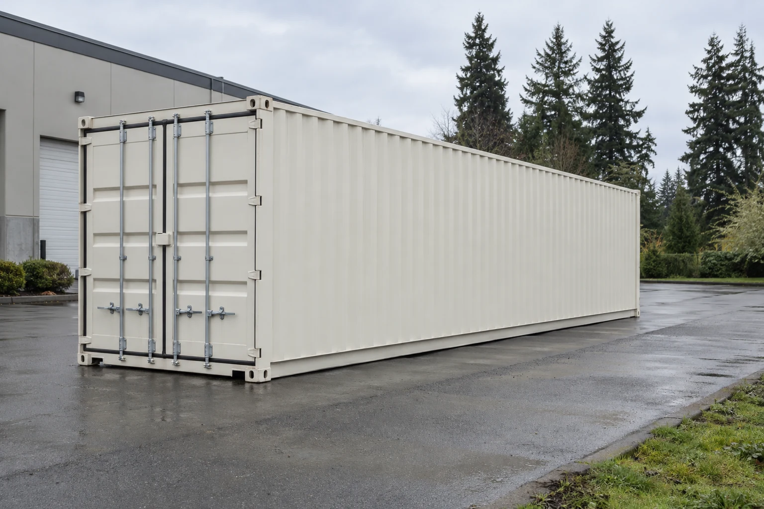 Photorealistic illustration of one clean 40ft shipping container on a prepared commercial pad in a fictional setting inspired by Seattle, Washington.