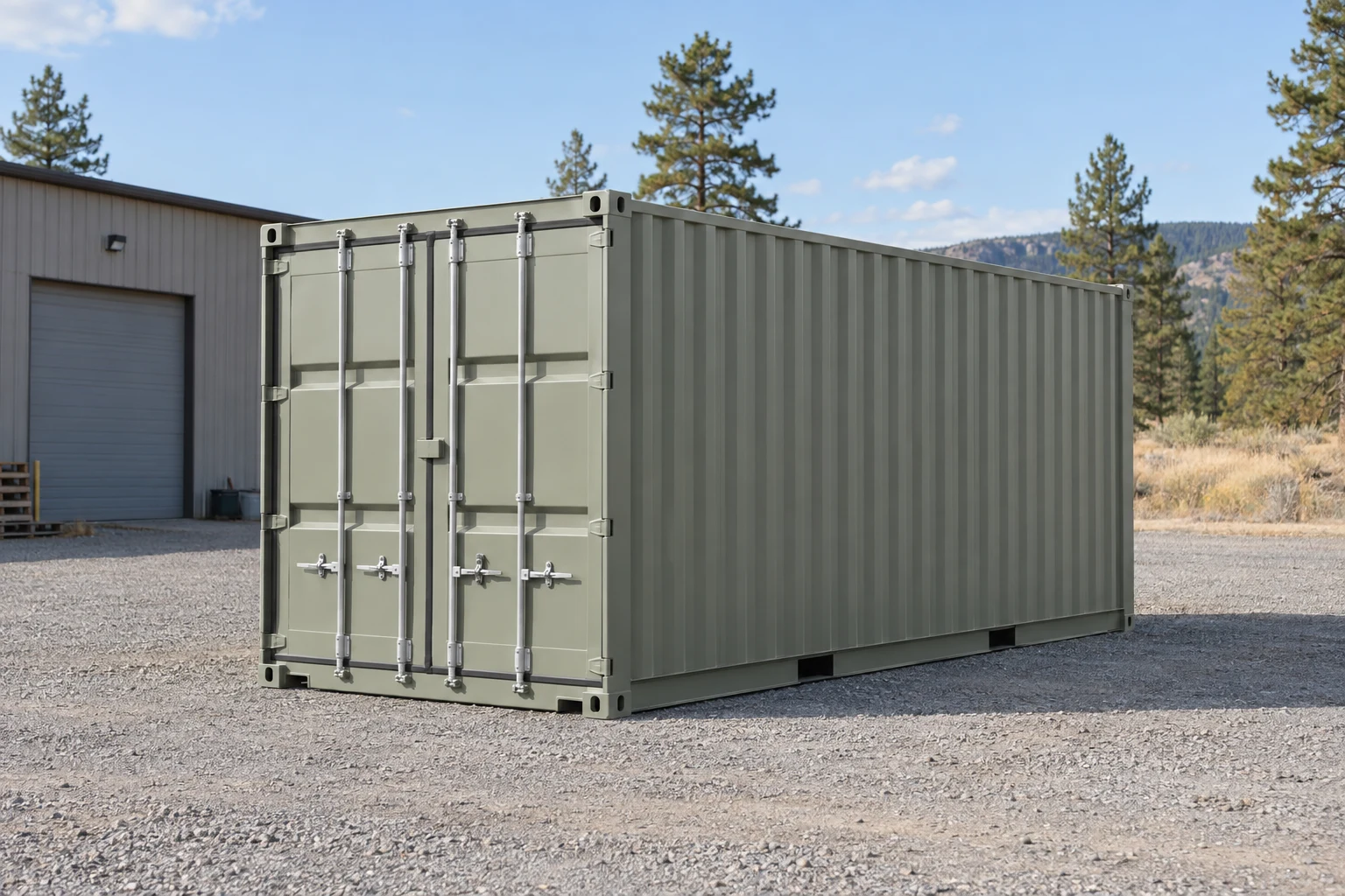 Photorealistic illustration of one clean 20ft shipping container on a prepared commercial pad in a fictional setting inspired by Spokane, Washington.