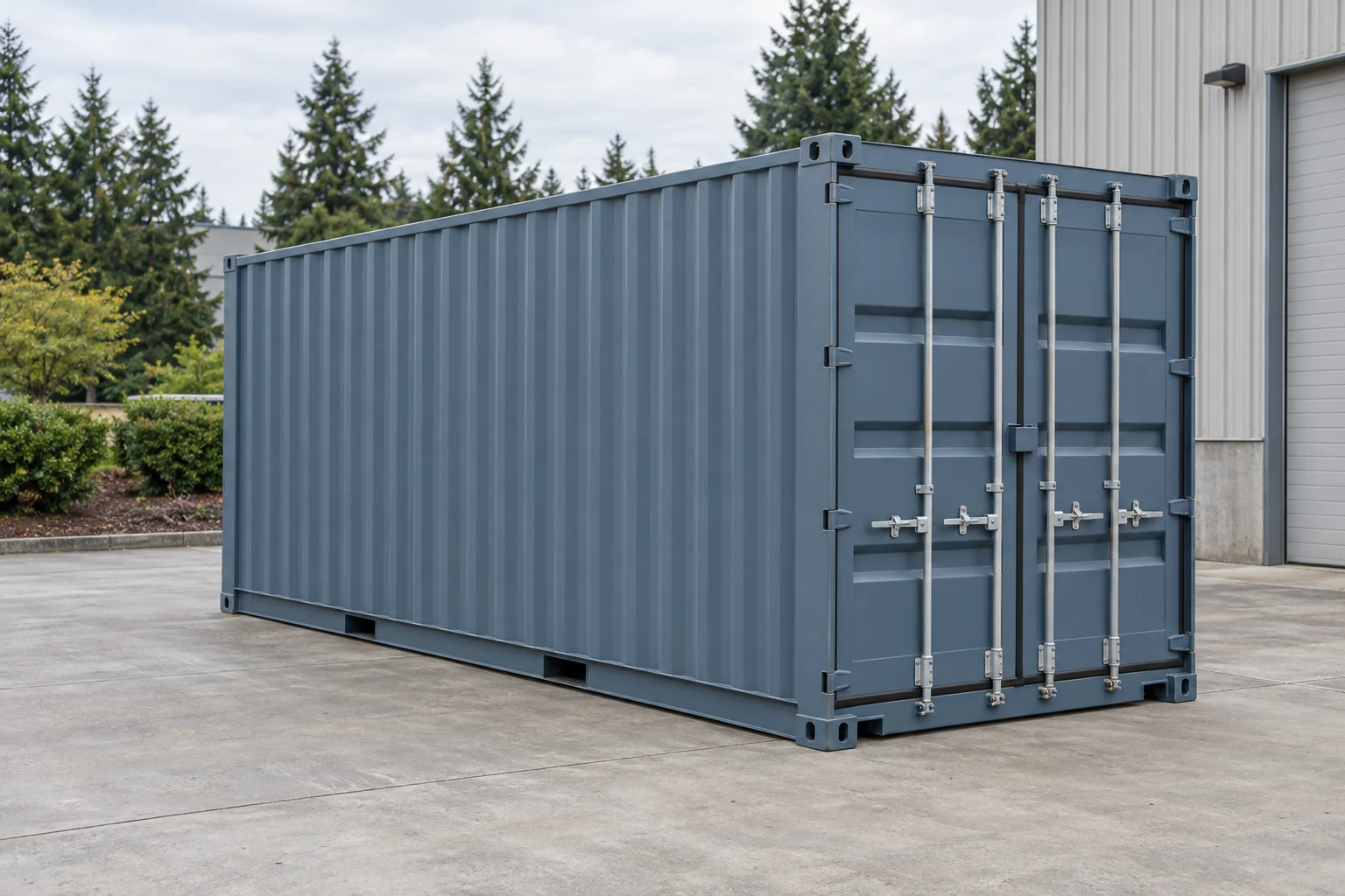 Photorealistic illustration of one clean 20ft shipping container on a prepared commercial pad in a fictional setting inspired by Washington.