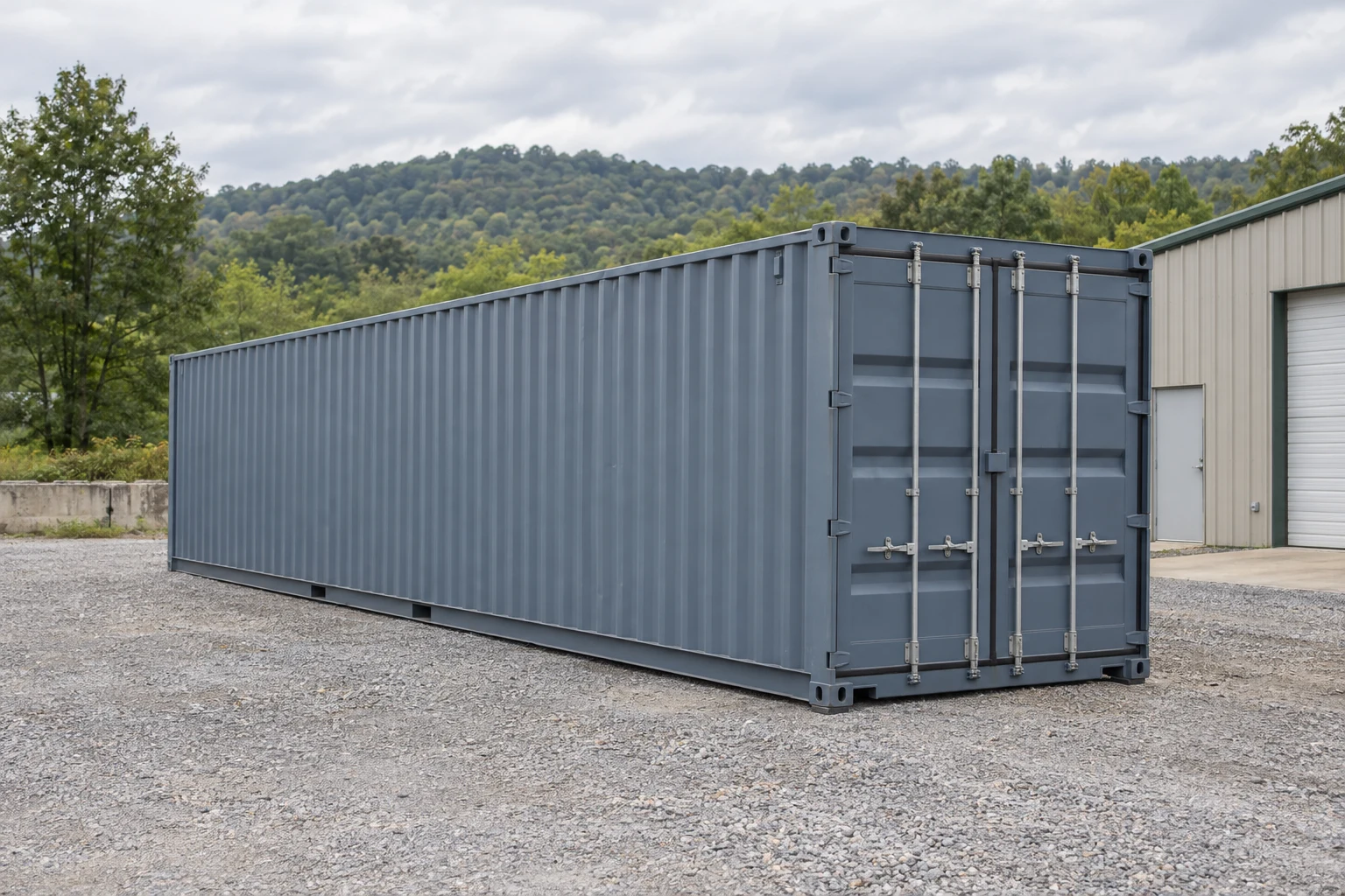 Photorealistic illustration of one clean 40ft shipping container on a prepared commercial pad in a fictional setting inspired by Charleston, West Virginia.