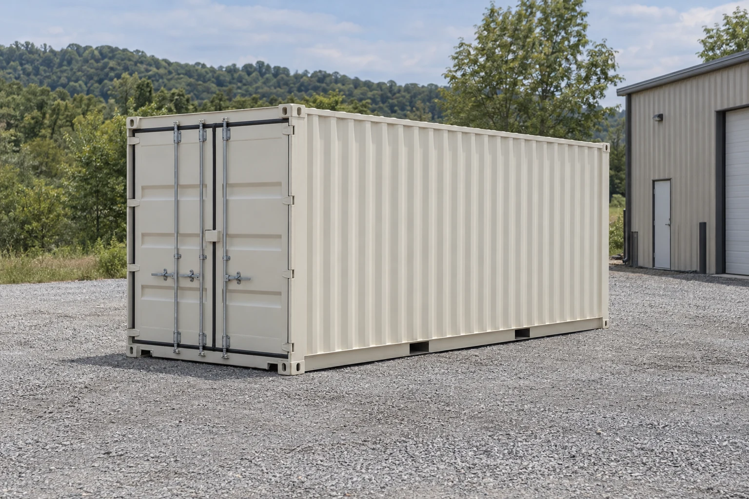 Photorealistic illustration of one clean 20ft shipping container on a prepared commercial pad in a fictional setting inspired by Huntington, West Virginia.
