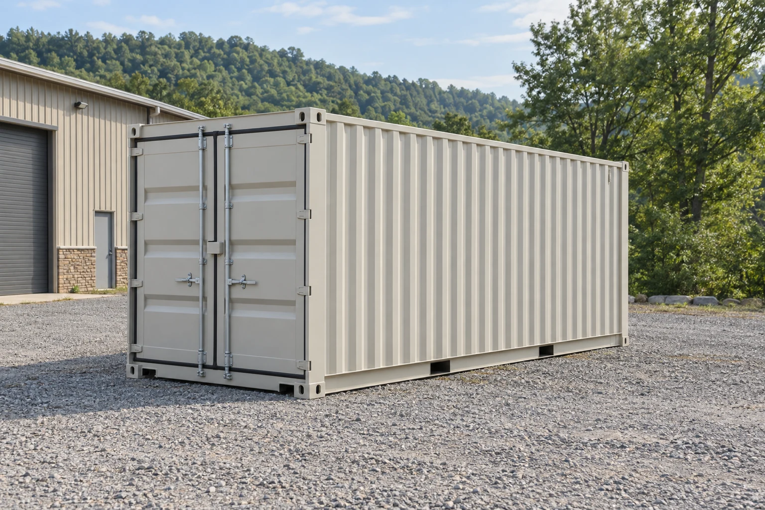Photorealistic illustration of one clean 20ft shipping container on a prepared commercial pad in a fictional setting inspired by West Virginia.