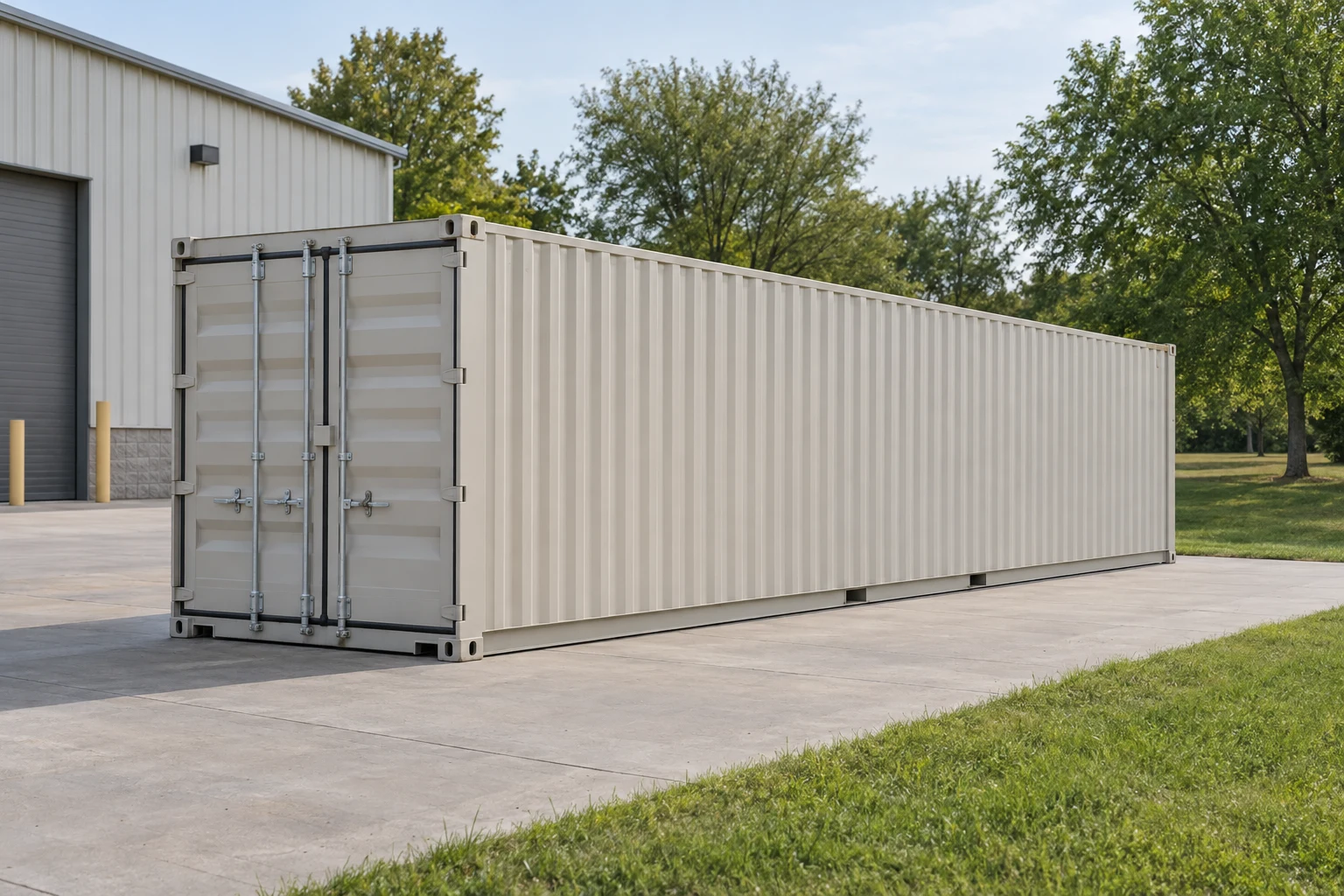Photorealistic illustration of one clean 40ft shipping container on a prepared commercial pad in a fictional setting inspired by Madison, Wisconsin.