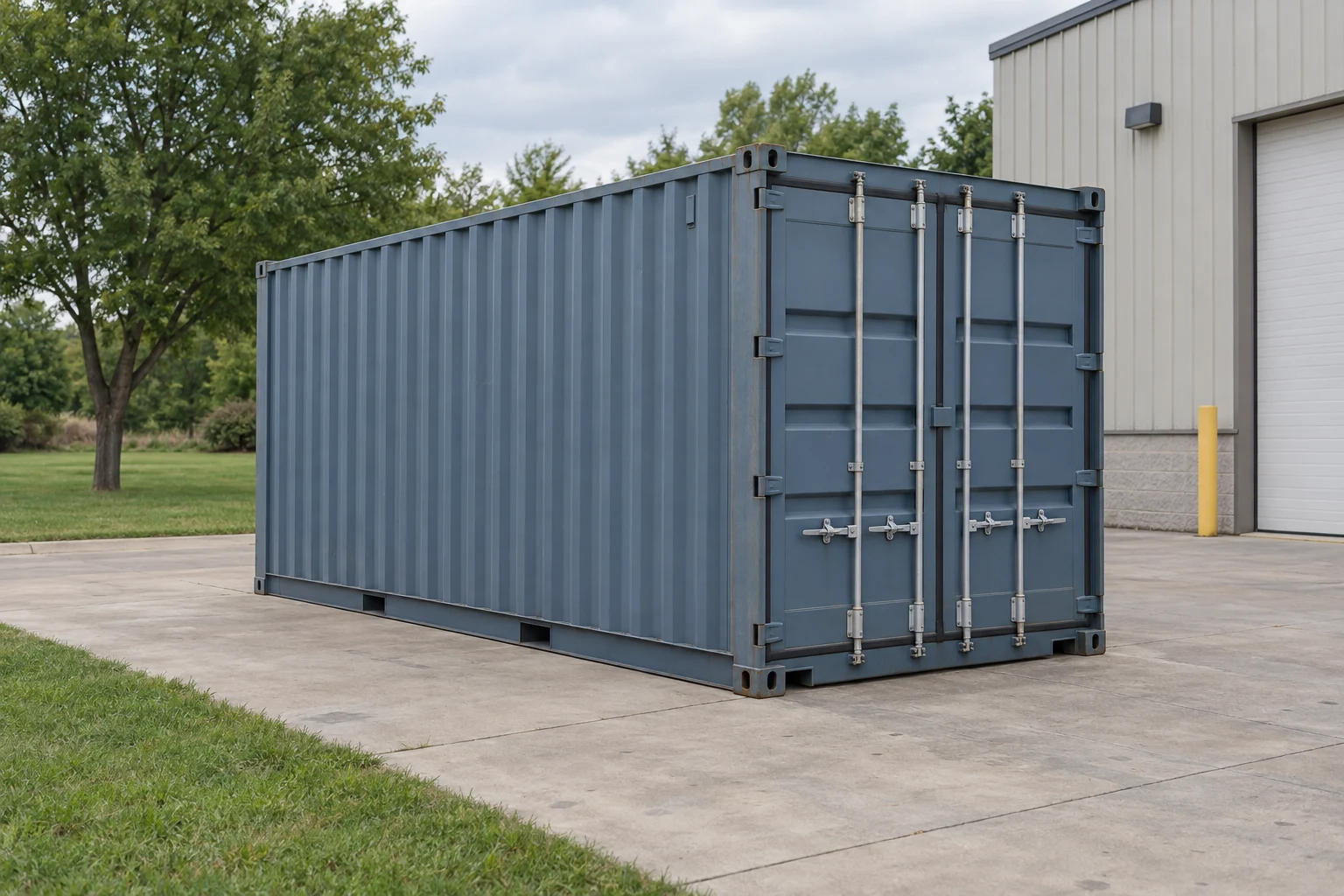 Photorealistic illustration of one clean 20ft shipping container on a prepared commercial pad in a fictional setting inspired by Milwaukee, Wisconsin.