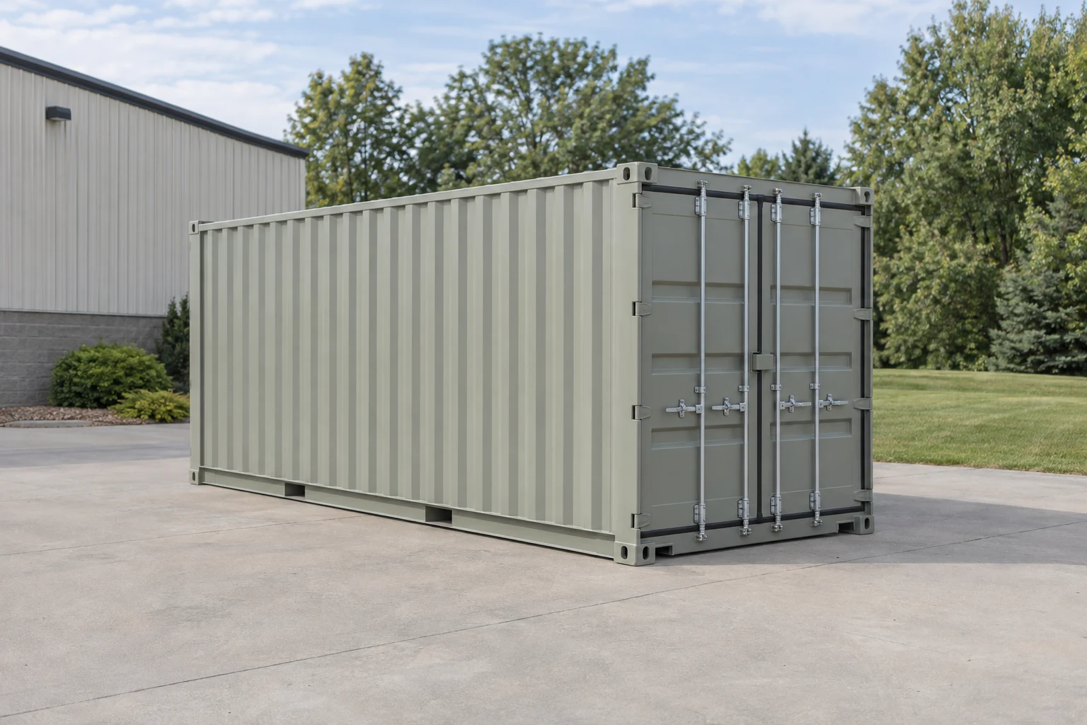 Photorealistic illustration of one clean 20ft shipping container on a prepared commercial pad in a fictional setting inspired by Wisconsin.