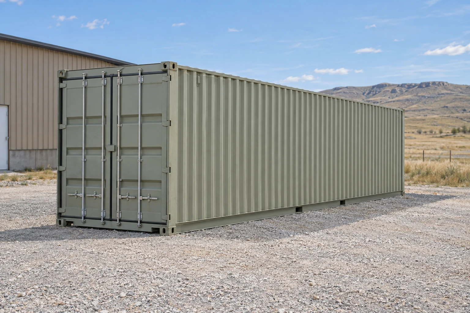 Photorealistic illustration of one clean 40ft shipping container on a prepared commercial pad in a fictional setting inspired by Casper, Wyoming.