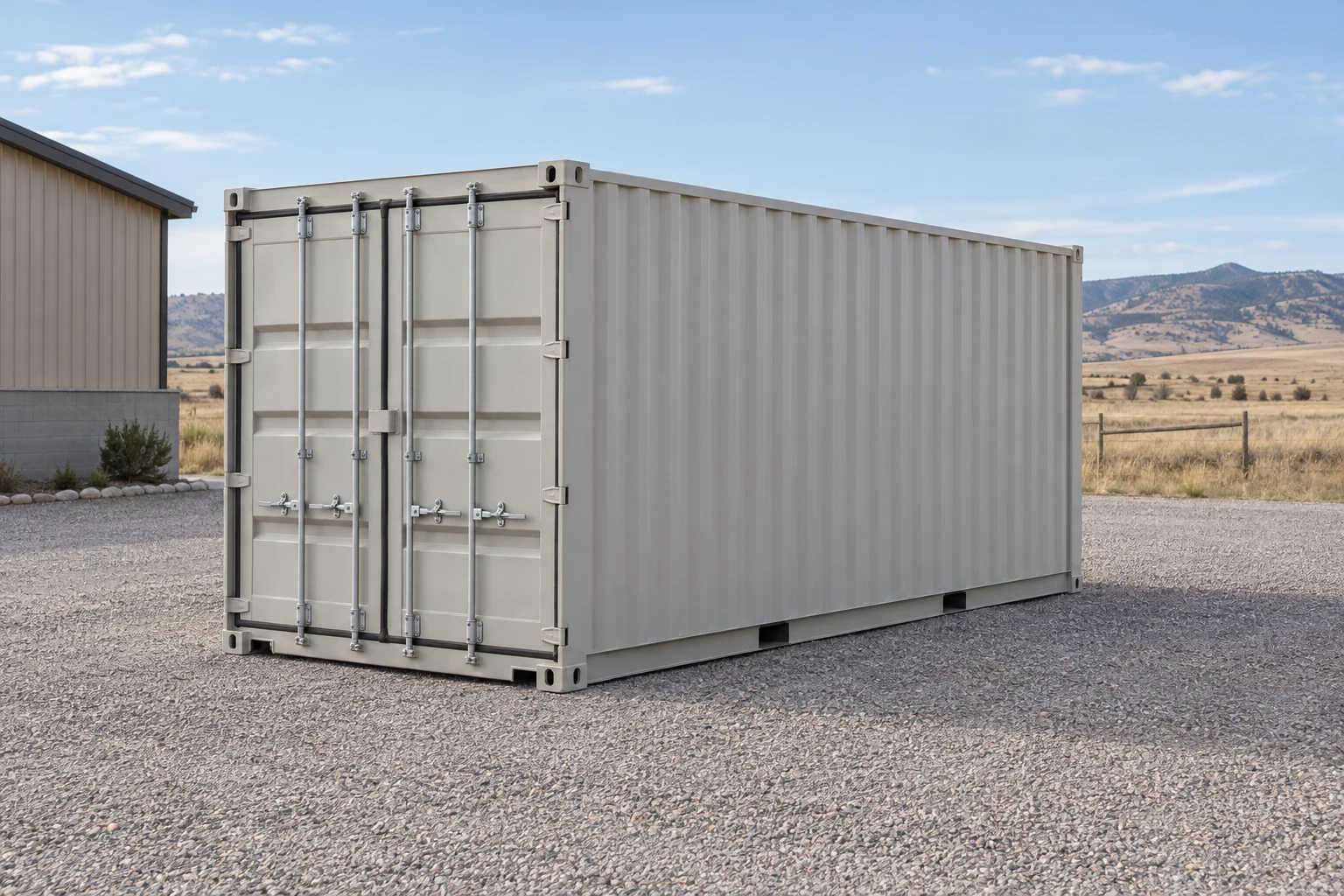 Photorealistic illustration of one clean 20ft shipping container on a prepared commercial pad in a fictional setting inspired by Cheyenne, Wyoming.
