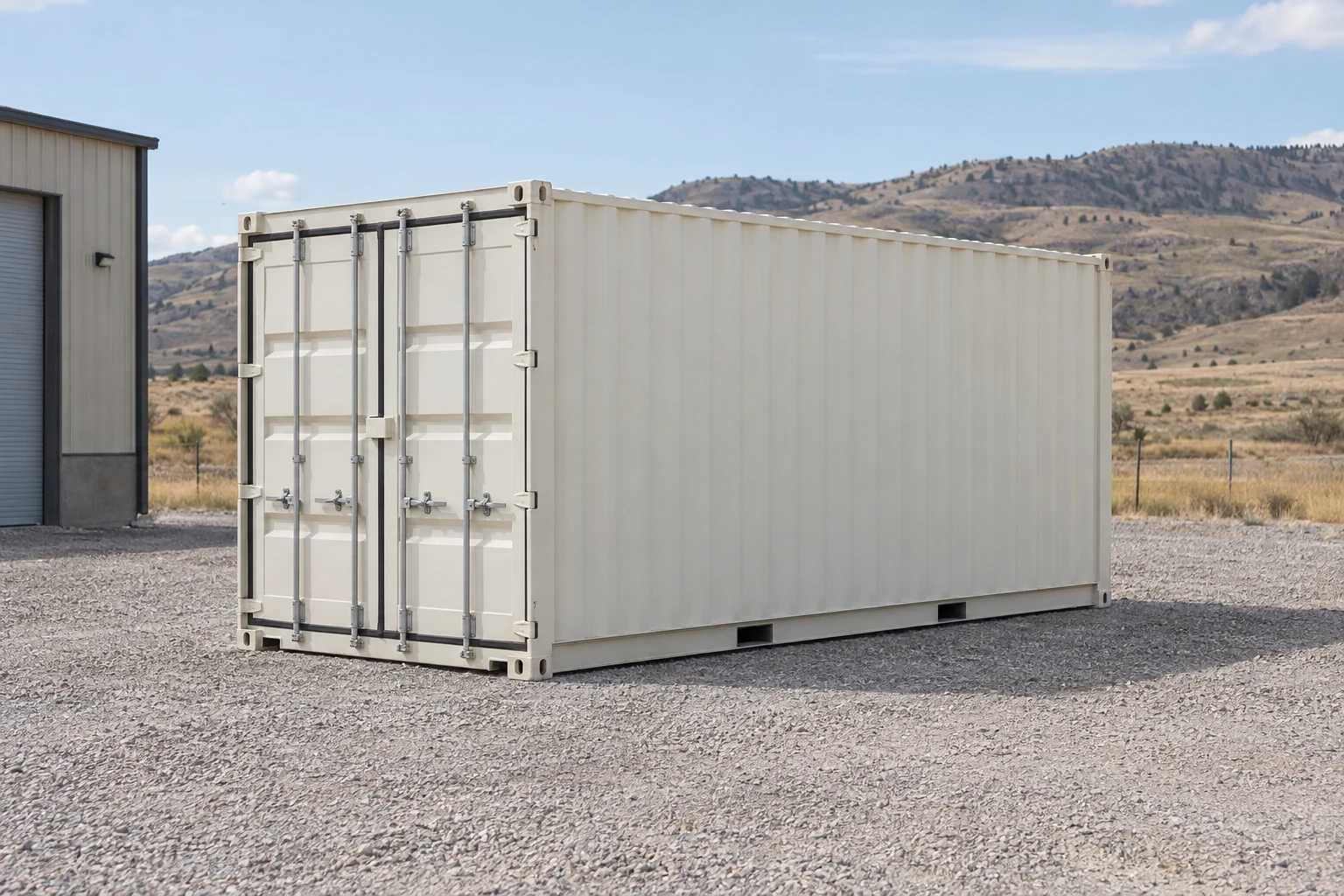 Photorealistic illustration of one clean 20ft shipping container on a prepared commercial pad in a fictional setting inspired by Wyoming.
