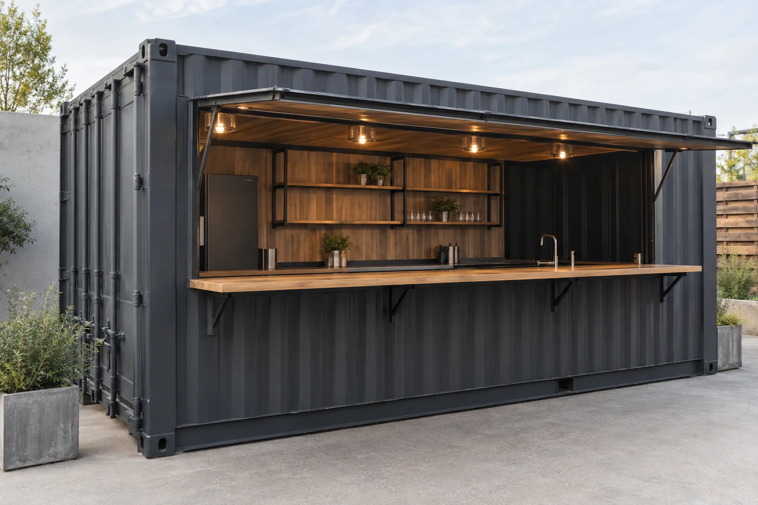 Illustration of a container bar with an open serving counter.