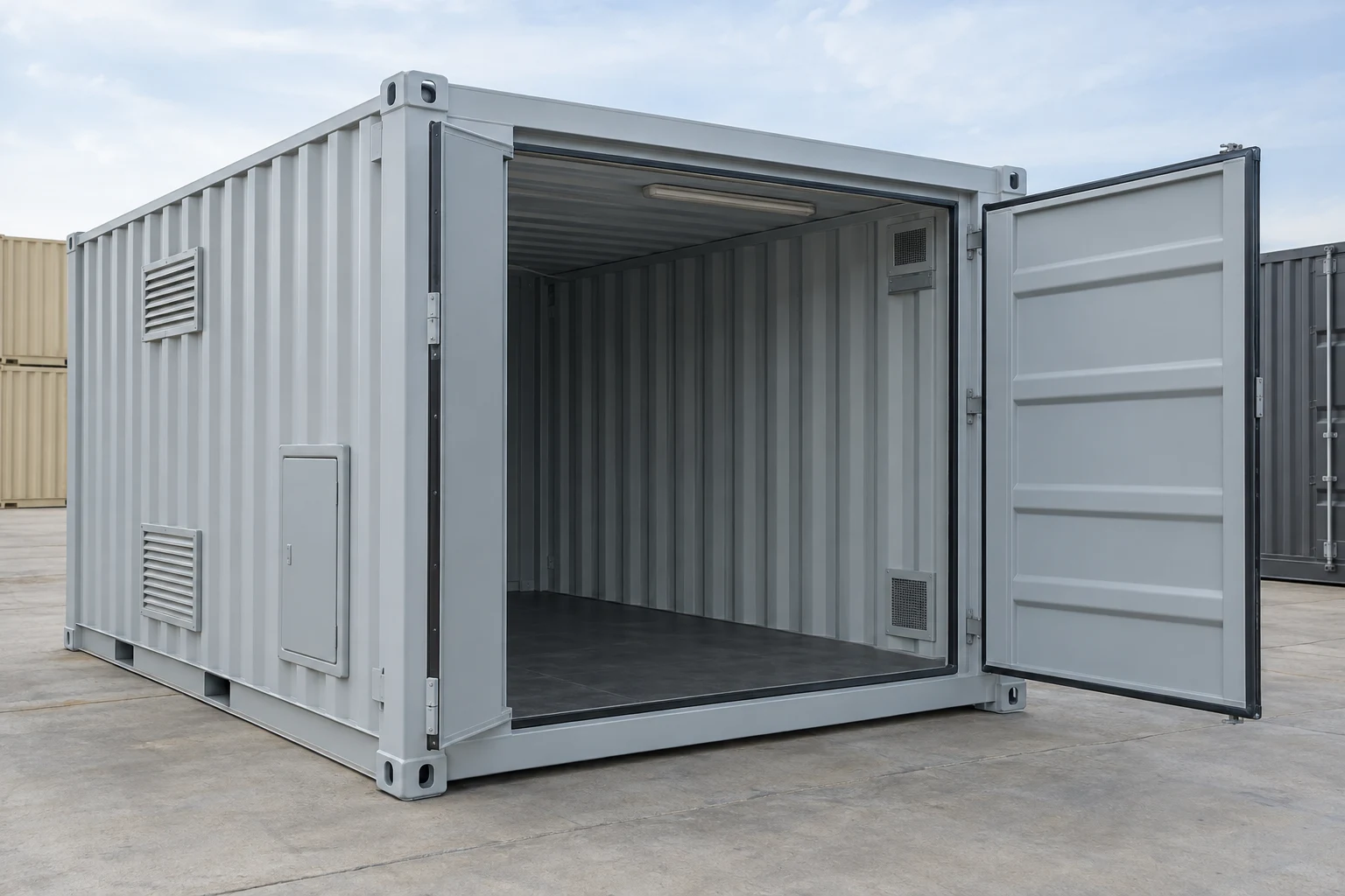 Illustration of a container equipment enclosure with maintenance access.