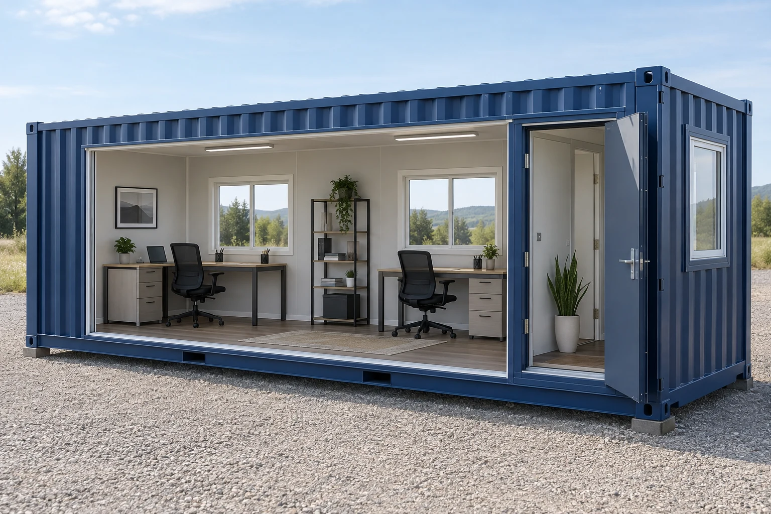 Architectural cutaway illustration of a furnished container office with desks and windows.