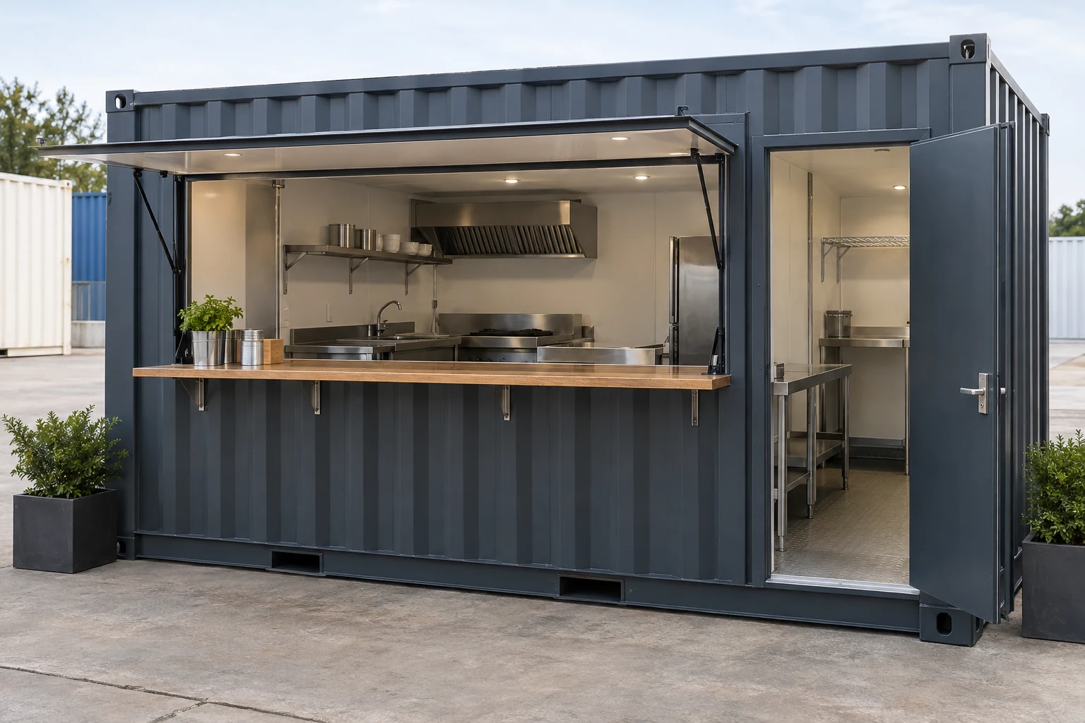 Illustration of a container restaurant with a service hatch.