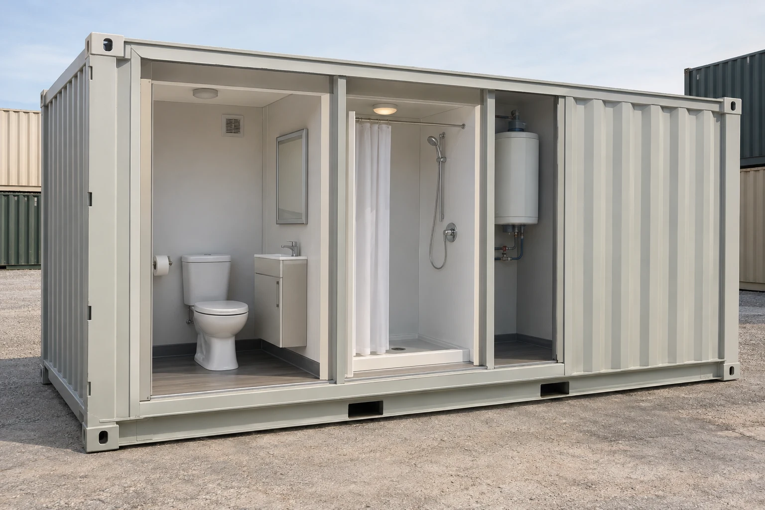 Sanitary fit-out concept showing a toilet, basin, shower and hot-water tank inside a cutaway container; the office area is not depicted and fixtures are to be specified.