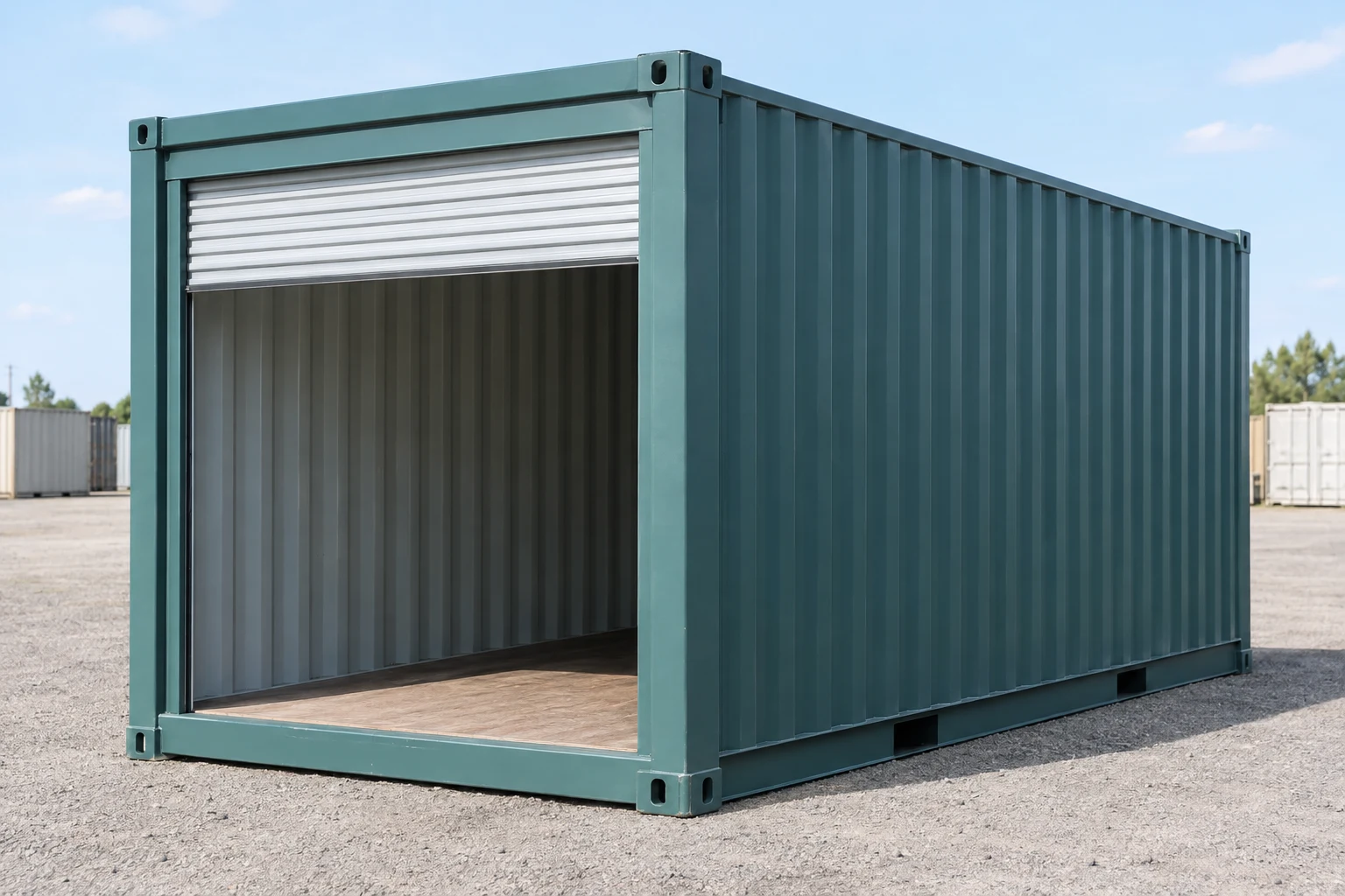 Illustration of a shipping container with an open roll-up door.