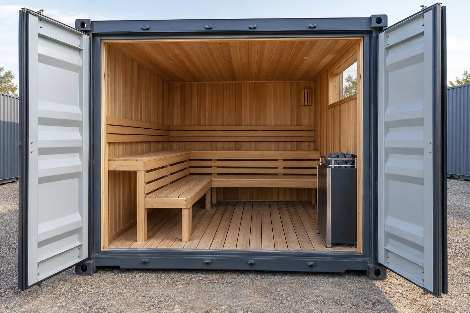 Illustration of a container sauna interior with wooden benches.