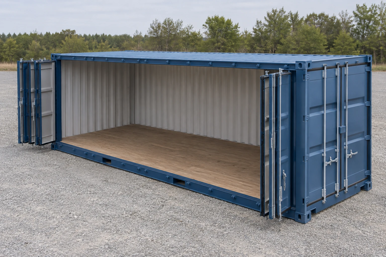 Illustrated 20ft container with four folding side-door leaves open and a pair of cargo doors at one end.