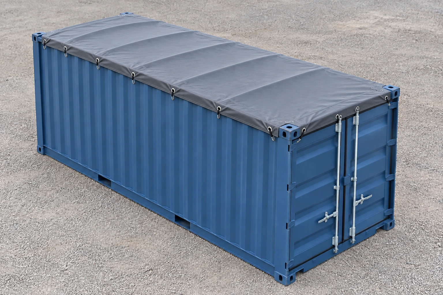 Illustration of a blue open-top shipping container with a removable gray tarpaulin secured over roof bows.