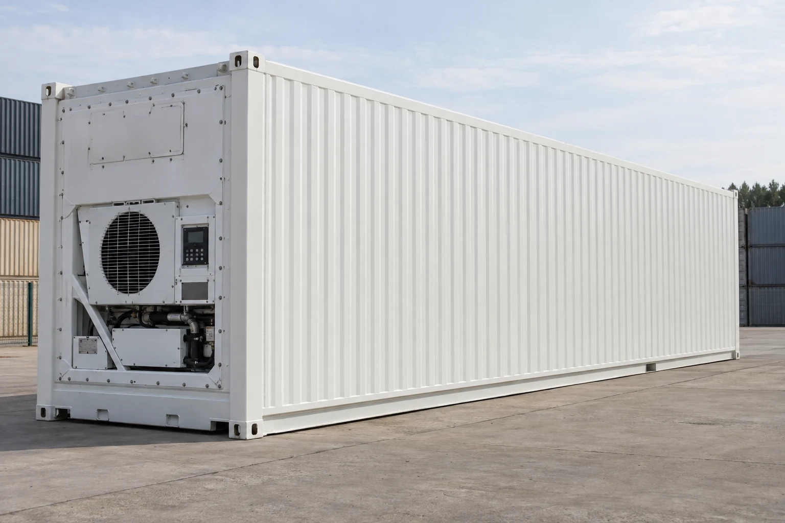 Illustration of a white refrigerated shipping container with its cooling unit visible.