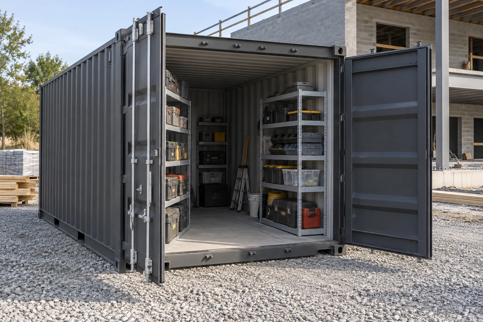 Construction storage container concept with organized tool cases