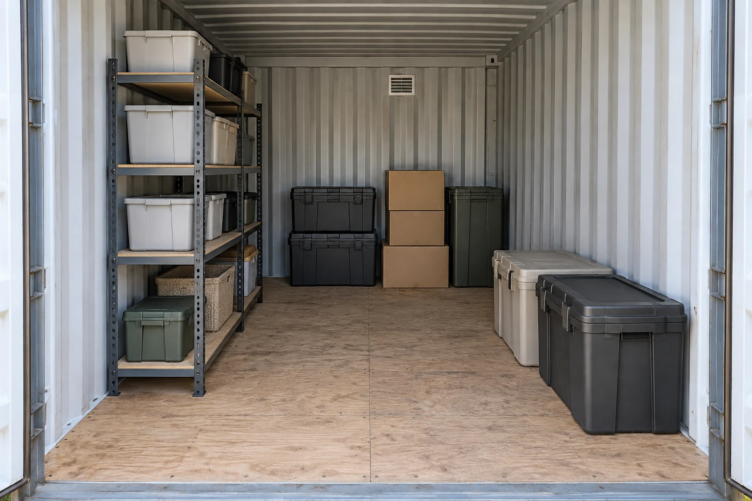 Organized dry container storage concept with bins and a clear center aisle