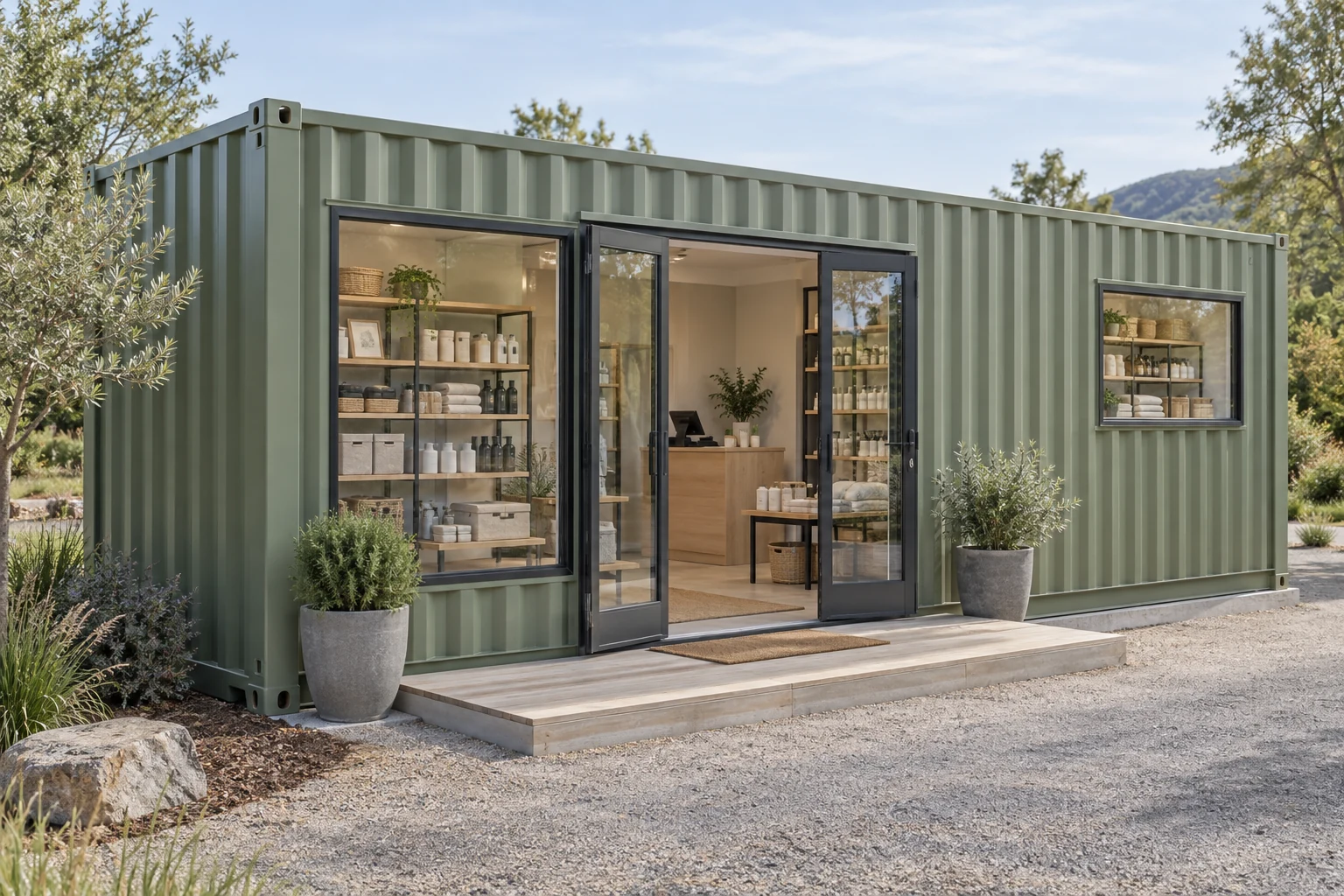 Container retail storefront concept with glazed customer entrance
