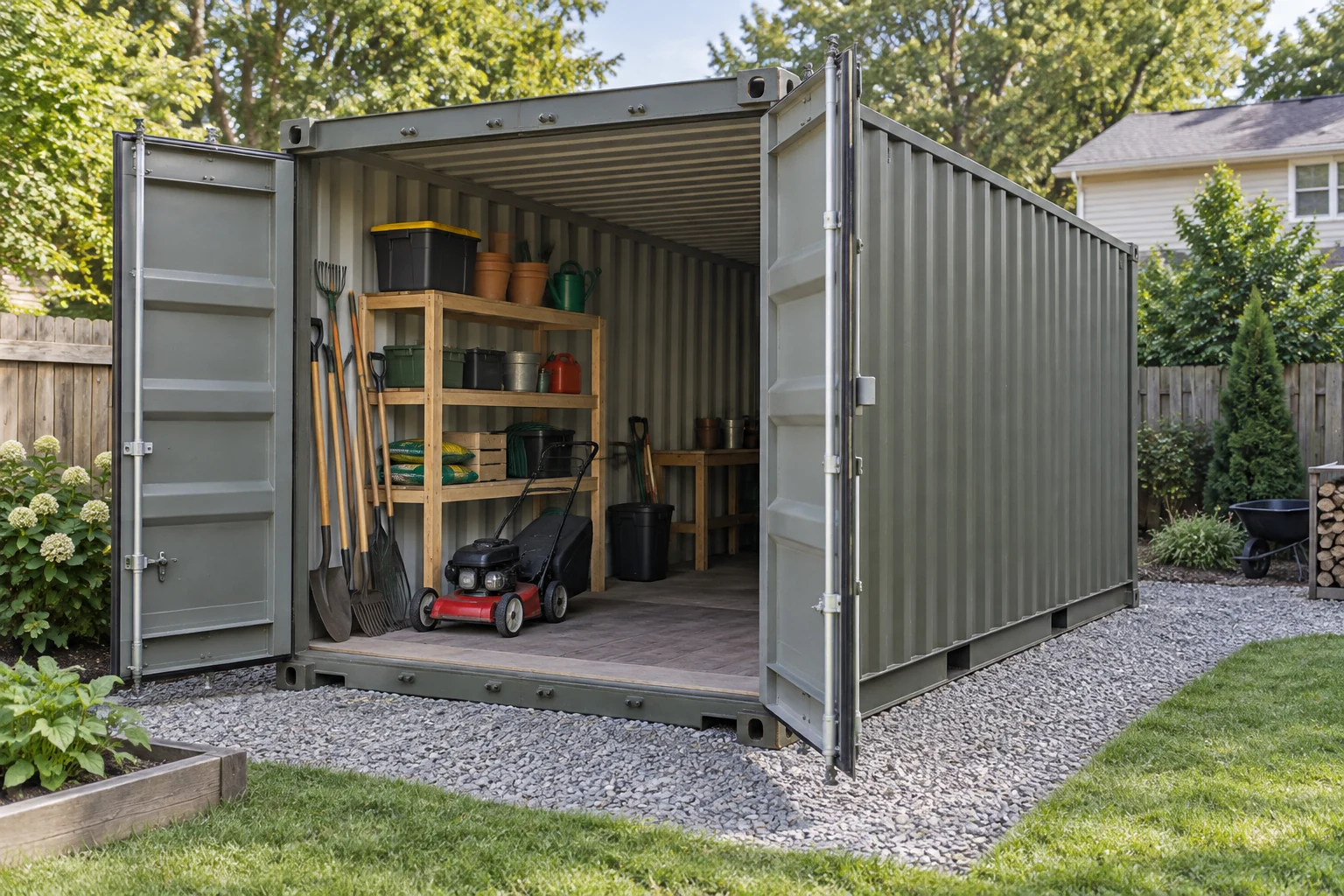 Container shed concept with open cargo doors and garden storage